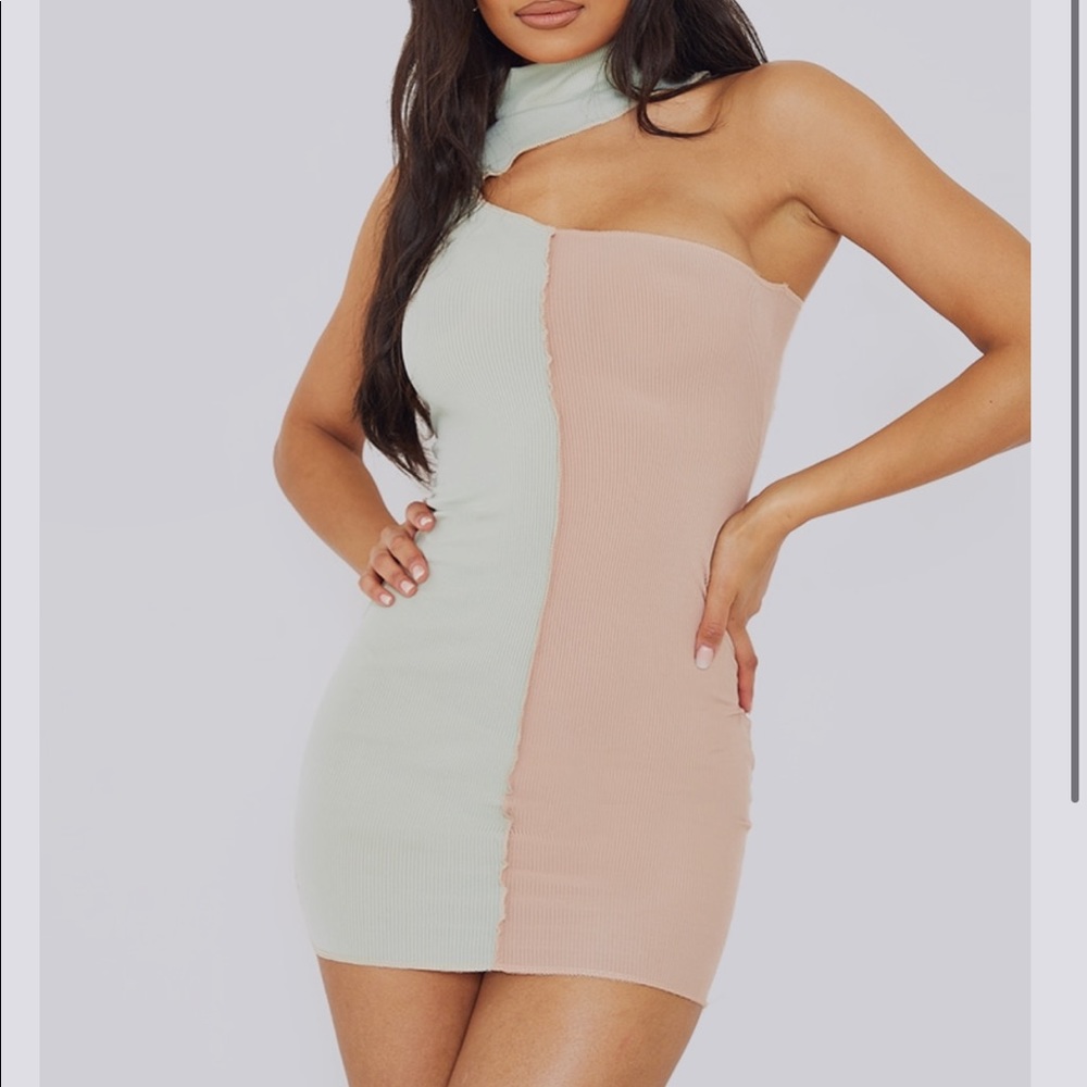 PLT Sage Green Rib One Shoulder Contrast Panelling Overlocked Midaxi Dress